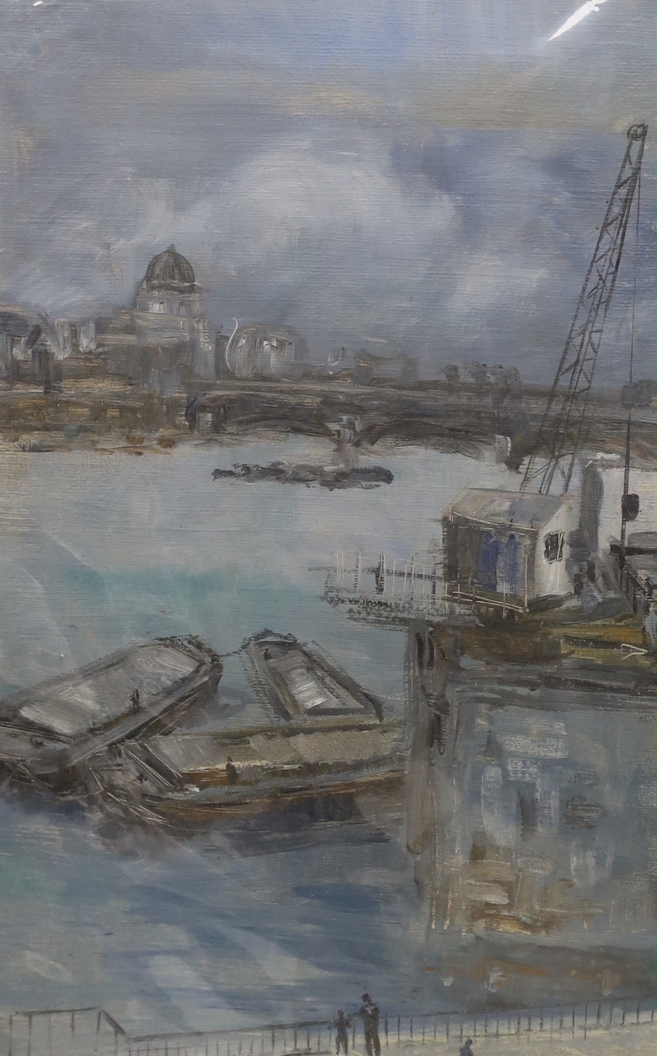 Modern British, oil on board, Southbank looking towards St Paul’s Cathedral with Blackfriars Bridge in the mid-ground, unsigned, 54 x 35cm